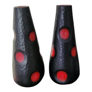 Murano, Hand Blown Black Glass Carved Over Red Vase For Sale