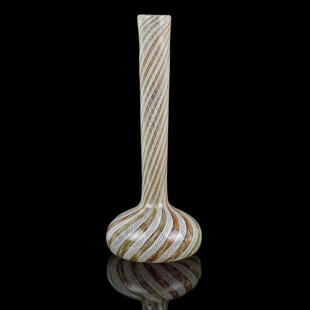Beautiful vintage Murano hand blown green and white ribbons Italian art glass soliflore flower vase. The piece is...