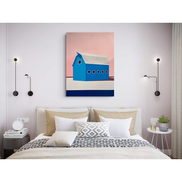 Textile Barn, Palette #5 by Justin Wheatley | Acrylic on Canvas Blue Barn With Pink Sky For Sale - Image 7 of 10