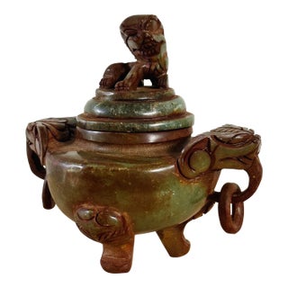 Antique Carved Chinese Lidded Incense Burner of Green Stone With Lion Foo Dog Figure For Sale