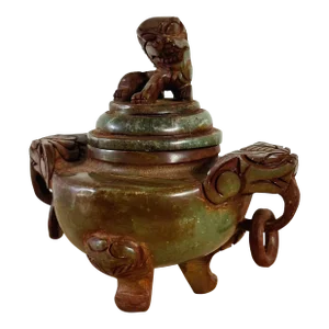 Antique Carved Chinese Lidded Incense Burner of Green Stone With Lion Foo Dog Figure