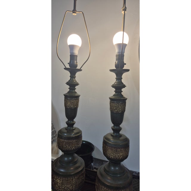 James Mont Style Heavy Verdigre & Brass Lamps, 1940s~ Pair For Sale In Savannah - Image 6 of 6