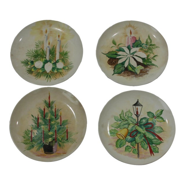 Vintage 1940s Ucagco Japan Hand Painted Signed Winter Season Christmas Plates- Set of 4 For Sale