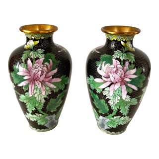 Small Bookend Matched Pair of Chinese Cloisonné Vases With Chrysanthemum Flowers For Sale