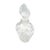 This is a molded clear glass perfume bottle with an elegant shaped body and a fan shaped stopped.