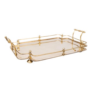 Large Antique Art Deco English Footed Brass Gallery Tray For Sale