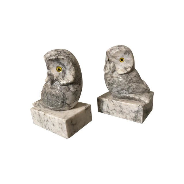 Stone 1950s Hand Carved Alabaster Owl With Glass Eyes Bookends- a Pair For Sale - Image 7 of 10