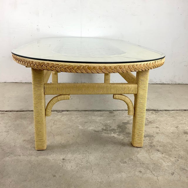 Late 20th Century Henry Link Style Oval Wicker Coffee Table With Glass
