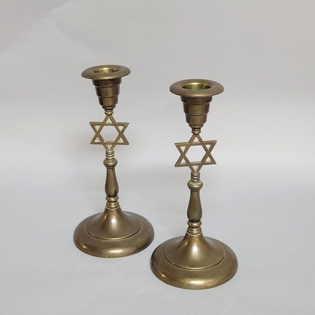 Pair of Brass Star of David Judaica Candle Holders, Mid-Century For Sale - Image 4 of 5