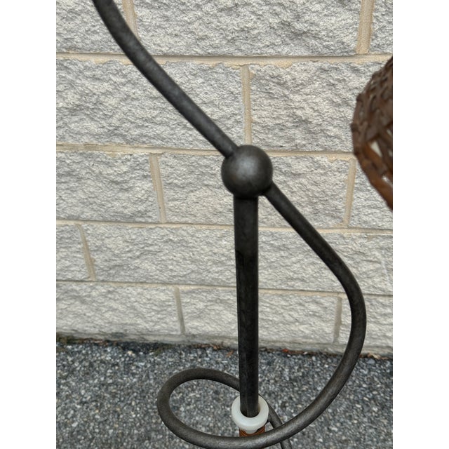 Vintage Wicker and Iron Floor Lamp With Sculptural Curved Arm For Sale In Philadelphia - Image 6 of 9