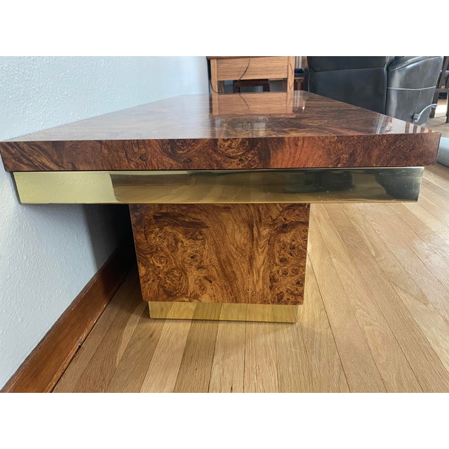 Mid 20th Century 1970s Burlwood Veneer and Brass Coffee Table in the Style of Milo Baughman For Sale - Image 5 of 12