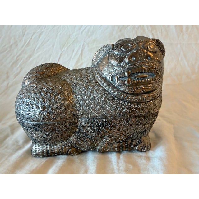 Large Antique Cambodian Silver-Plated Foo/Fu Dog Box For Sale - Image 6 of 9