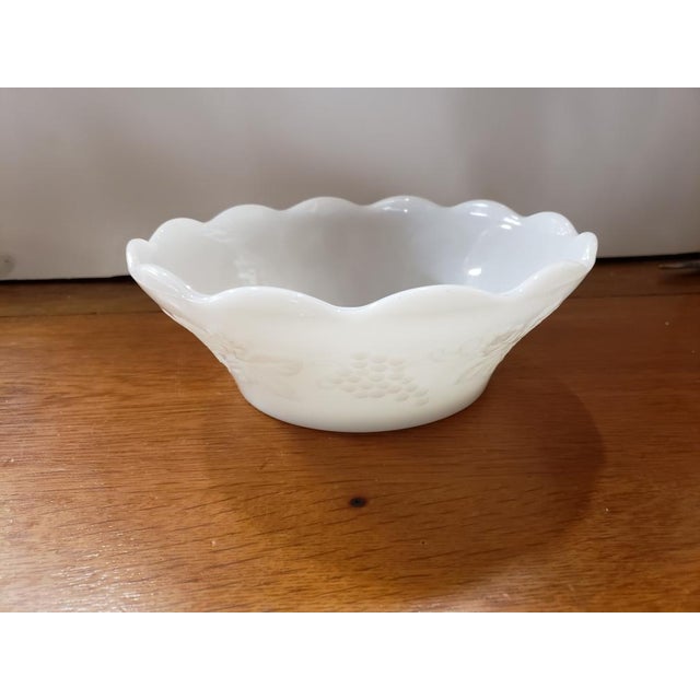 This is a Vintage Milk Glass Punch Bowl Base with Scalloped Edge Colony Harvest Grape Pattern. It measures 3" high and 8...