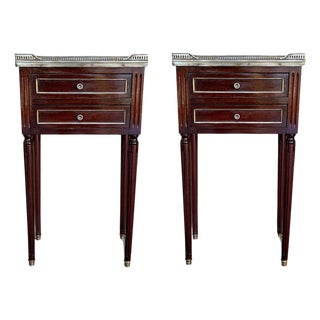 20th Century Pair of Louis XVI Style Marble-Top, Bronze and Walnut Nightstands For Sale