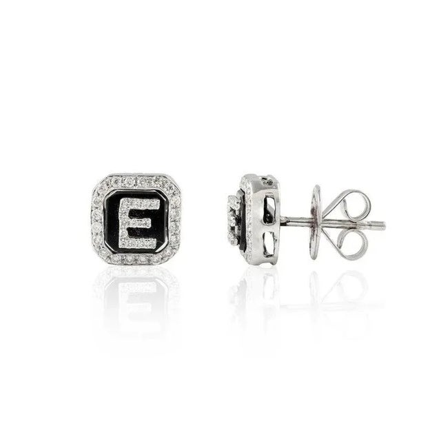 Not Yet Made - Made To Order Diamond Enamel E Initial Pushback Studs Earrings in 18k Solid White Gold- 2 Pieces For Sale - Image 5 of 6