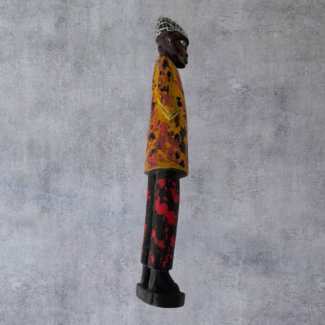 Tribal Vintage African Carved Wood Colon Statue Figure Gentleman Suit Painted 17 In For Sale - Image 3 of 10