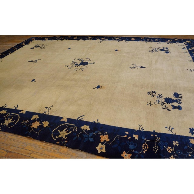 Beige 1920s Rectangle Hand Knotted Wool Antique Open Field Medallion Blue Large Rug For Sale - Image 8 of 11