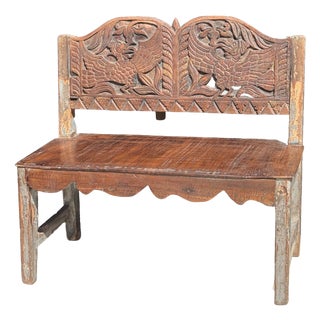 Mini Bench with Carved Backrest, 1980s For Sale