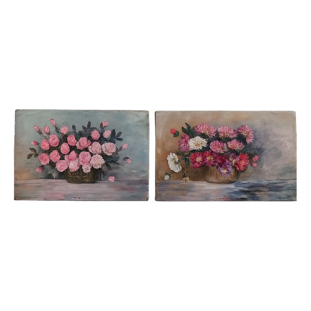 Alice Rey, Floral Still Lifes, Oils on Panels, 1950s, Set of 2 For Sale