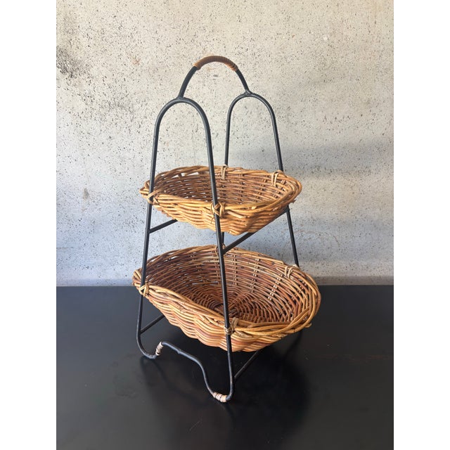 Vintage Mid-Century Rattan & Iron Two-Tier Basket in the Manner of Tony Paul For Sale In Miami - Image 6 of 7