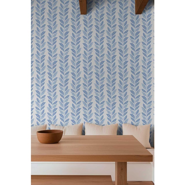 Traditional Garden Leaf Stripe Grasscloth Wallpaper by House Party | French Blue | 6 Yards For Sale - Image 3 of 6