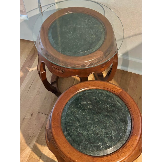 Chinoiserie Mid 20th Century Vintage Chinoiserie Hardwood Drum Stools or Tables With Marble and Glass Tops - A Pair For Sale - Image 3 of 10