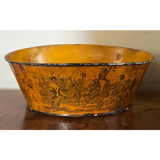 Early 20th Century French Tole Cachepot Planter Decorated With Scenes of Napoleon and Duke of Wellington at Waterloo For Sale - Image 9 of 12