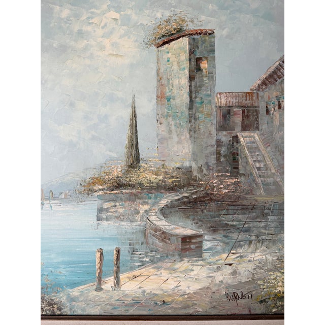 Sky Blue Vintage Caroline Burnett Impressionist European Coastal Landscape Oil on Canvas Painting, Framed For Sale - Image 8 of 11