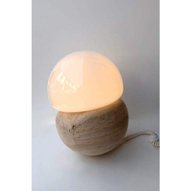 Tan Pair of Travertine and Opaline Glass Culbuto Lamps Italy, 1980s For Sale - Image 8 of 14