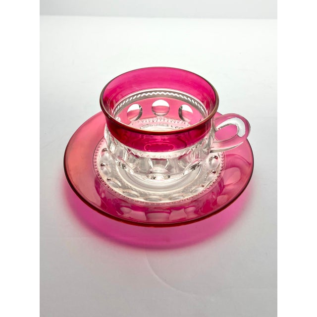 1950s American Tiffin-Franciscan “King’s Crown” Set of 7 Cranberry Red Tea Cups & Saucers - 14 pcs For Sale - Image 4 of 6