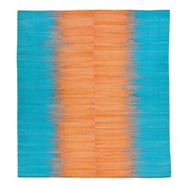 Modern Kilim Flatweave Abstract Designed Blue and Orange Wool Rug For Sale