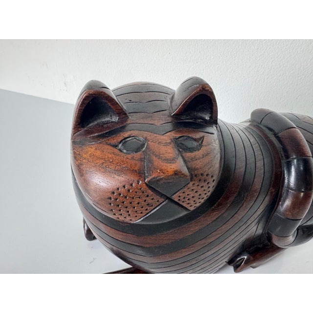 1980s 1980’s Vintage Folk Art - Hand-Carved Mahogany Wood Cat Sculpture With Hidden Secret Compartment For Sale - Image 5 of 12