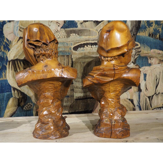 Pair of Antique French Carved Pine Busts of a Boy and a Girl, Circa 1900 For Sale - Image 18 of 18