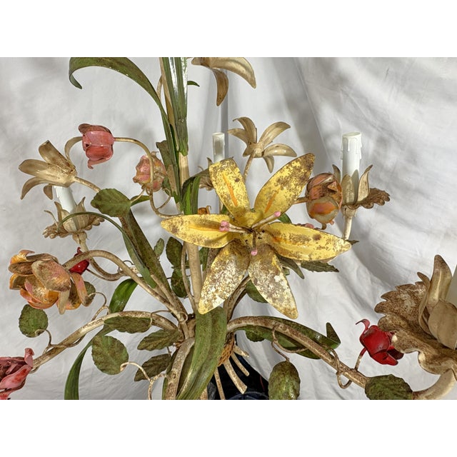 Mid 20th Century Vintage Tole 6-Light Chandelier With Flower Motif and Honest Patina For Sale - Image 5 of 18