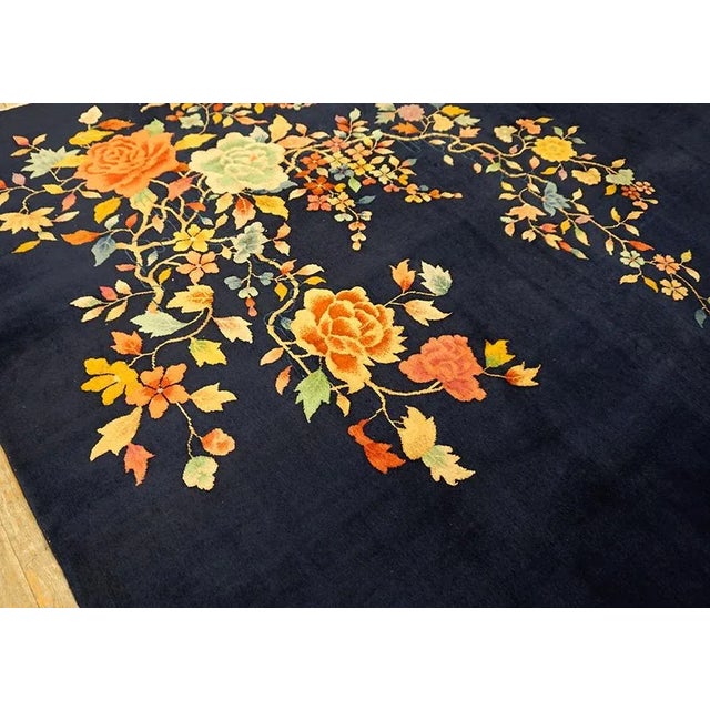 1930s Black Floral Spray Antique Chinese Art Deco Carpet 8'10" X 11'6" Handknotted Wool Rug For Sale - Image 13 of 13