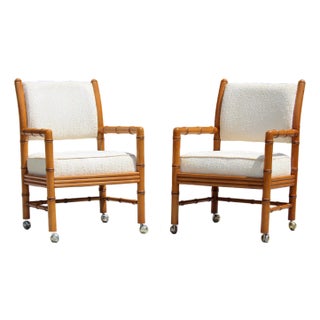 Vintage Faux Bamboo Armchairs on Casters – Pair of Hollywood Regency / Campaign Style Lounge Chairs For Sale