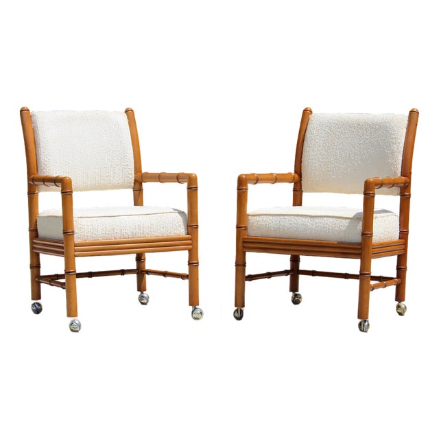 Vintage Faux Bamboo Armchairs on Casters – Pair of Hollywood Regency / Campaign Style Lounge Chairs For Sale