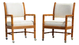 Vintage Faux Bamboo Armchairs on Casters – Pair of Hollywood Regency / Campaign Style Lounge Chairs