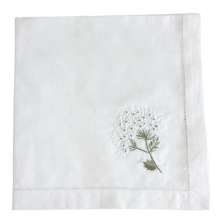 White Hydrangea Dinner Napkins White Cotton With Hem Stitch, Embroidered - Set of 2 For Sale