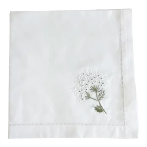 White Hydrangea Dinner Napkins White Cotton With Hem Stitch, Embroidered - Set of 2