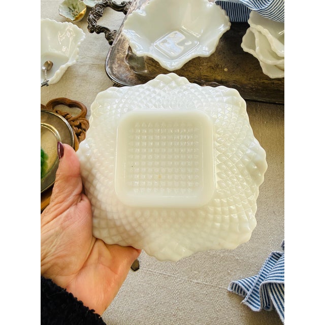 Beautiful vintage set of six milk glass bowls by Hazel Atlas, featuring the classic diamond cut pattern with softly...