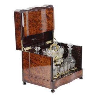 Vintage Napoleon III French Liquor Bar in Burl Veneer Box from Maison Tahan, Set of 18 For Sale