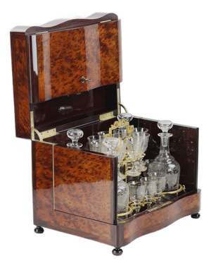Vintage Napoleon III French Liquor Bar in Burl Veneer Box from Maison Tahan, Set of 18