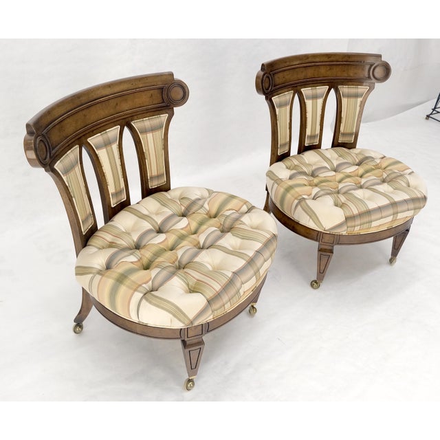 Pair of Tufted Seats Burl Wood Back Oval Seats Slipper Chairs on Caters MINT For Sale - Image 14 of 14