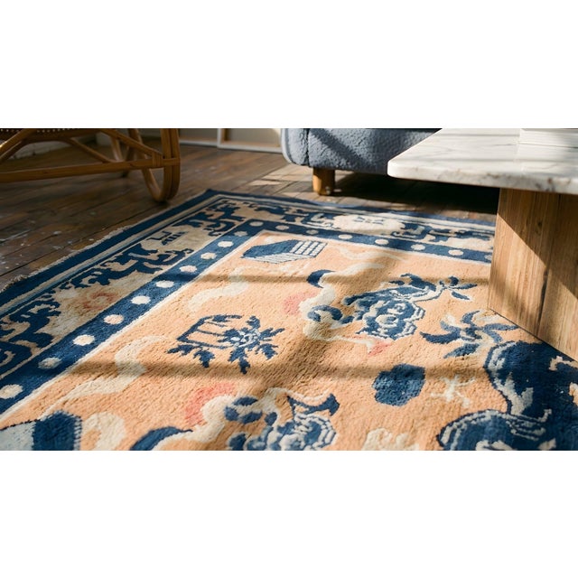 Late 19th Century 1890s Orange Peach Qing Antique Chinese Ningxia Rug 4' 6" X 6' Handknotted Wool Carpet For Sale - Image 5 of 7