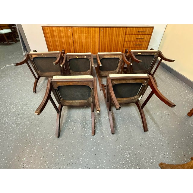 1940s 1940's Reupholstered Mahogany Kilsmos Lyre Back Dining Chairs (6) For Sale - Image 5 of 11