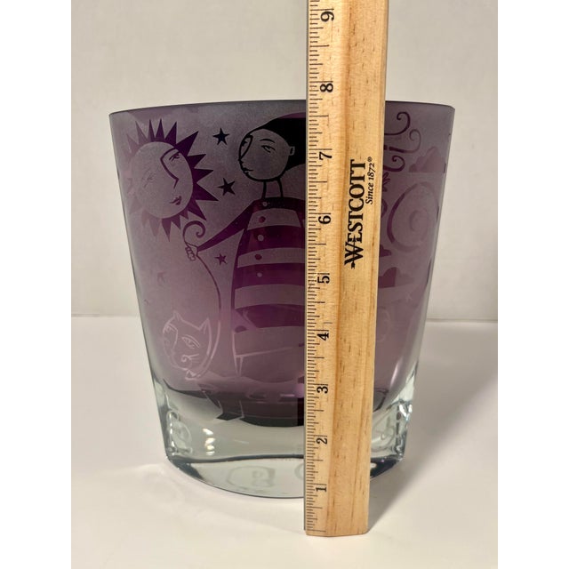 Amethyst 2003 Leandra Drumm Amethyst Etched Art Glass Girl & Cat Vase Signed 8″ For Sale - Image 8 of 11
