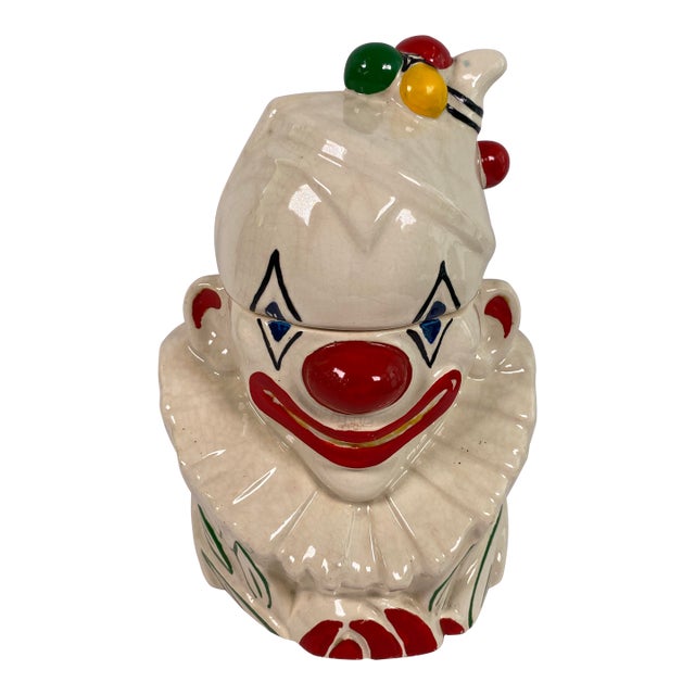 Vintage Hand-Painted Ceramic Clown Cookie Jar With Ruffled Collar, Whimsical Folk Art Storage Canister For Sale