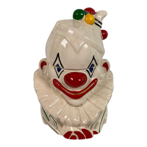 Vintage Hand-Painted Ceramic Clown Cookie Jar With Ruffled Collar, Whimsical Folk Art Storage Canister