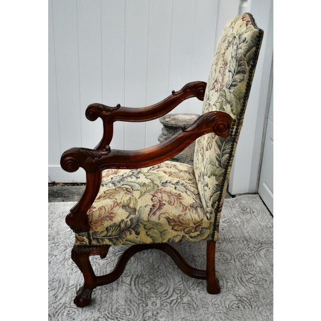 1950s Renaissance Revival Armchair High Back Carved Floral Tapestry For Sale In Philadelphia - Image 6 of 13